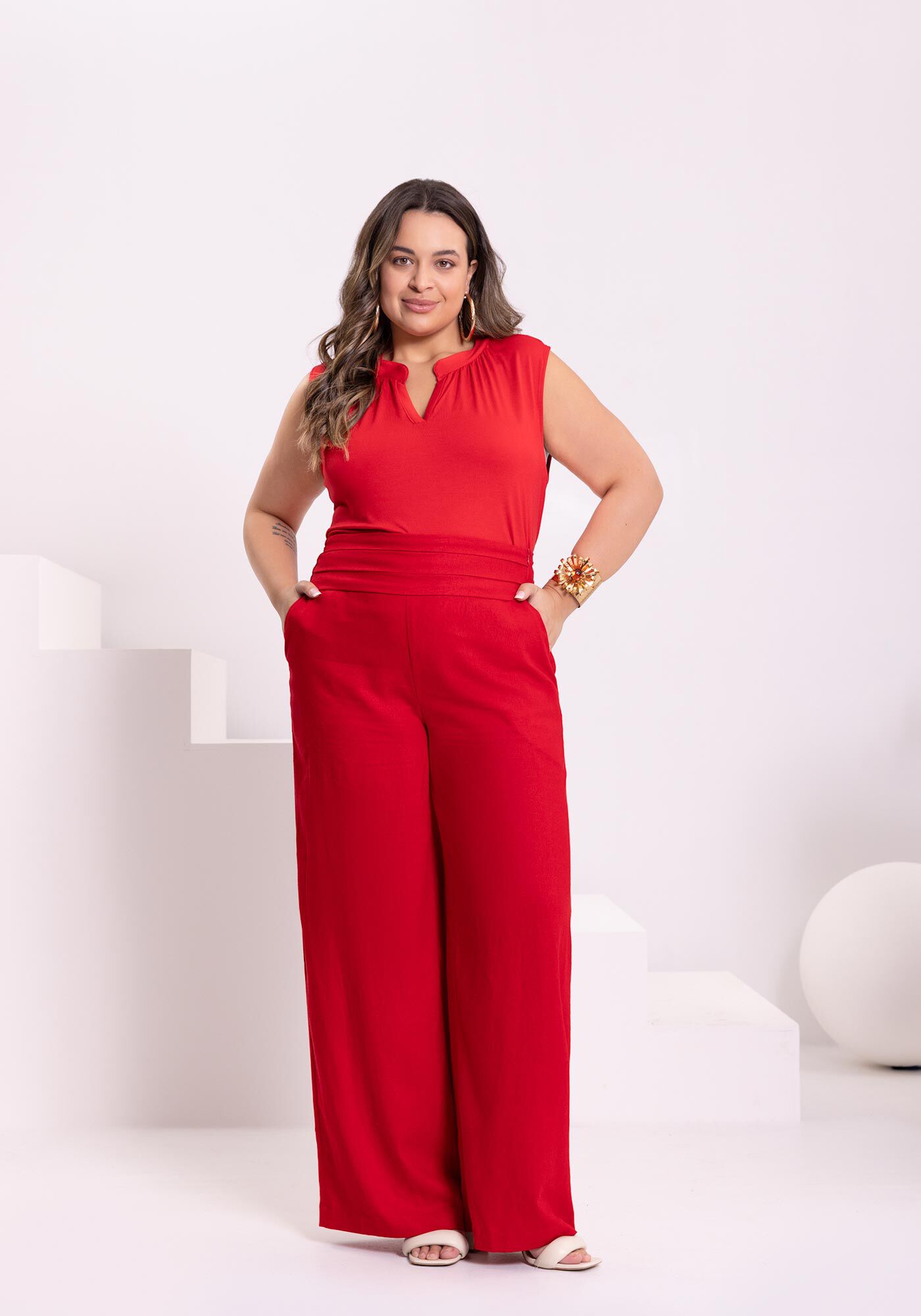 Blusa Sem Mangas Em Malha De Viscose Com Decote Em V, VERMELHO MOTIVACAO, large.