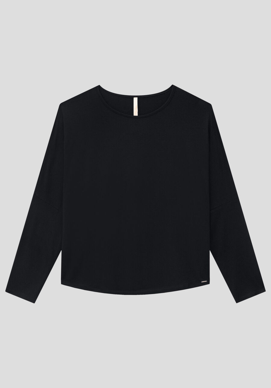 Blusa Plus Size em Viscose com Comprimento Mullet, PRETO REATIVO. Blusa Plus Size em Viscose com Comprimento Mullet, PRETO REATIVO, large.