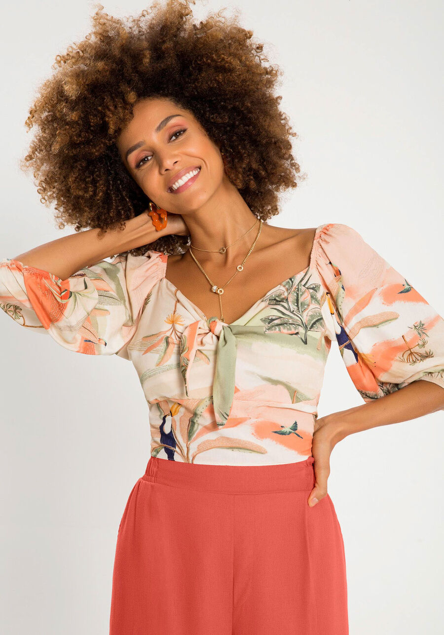Blusa Cropped em Viscose com Laço, PARAISO SALMAO. Blusa Cropped em Viscose com Laço, PARAISO SALMAO, large.