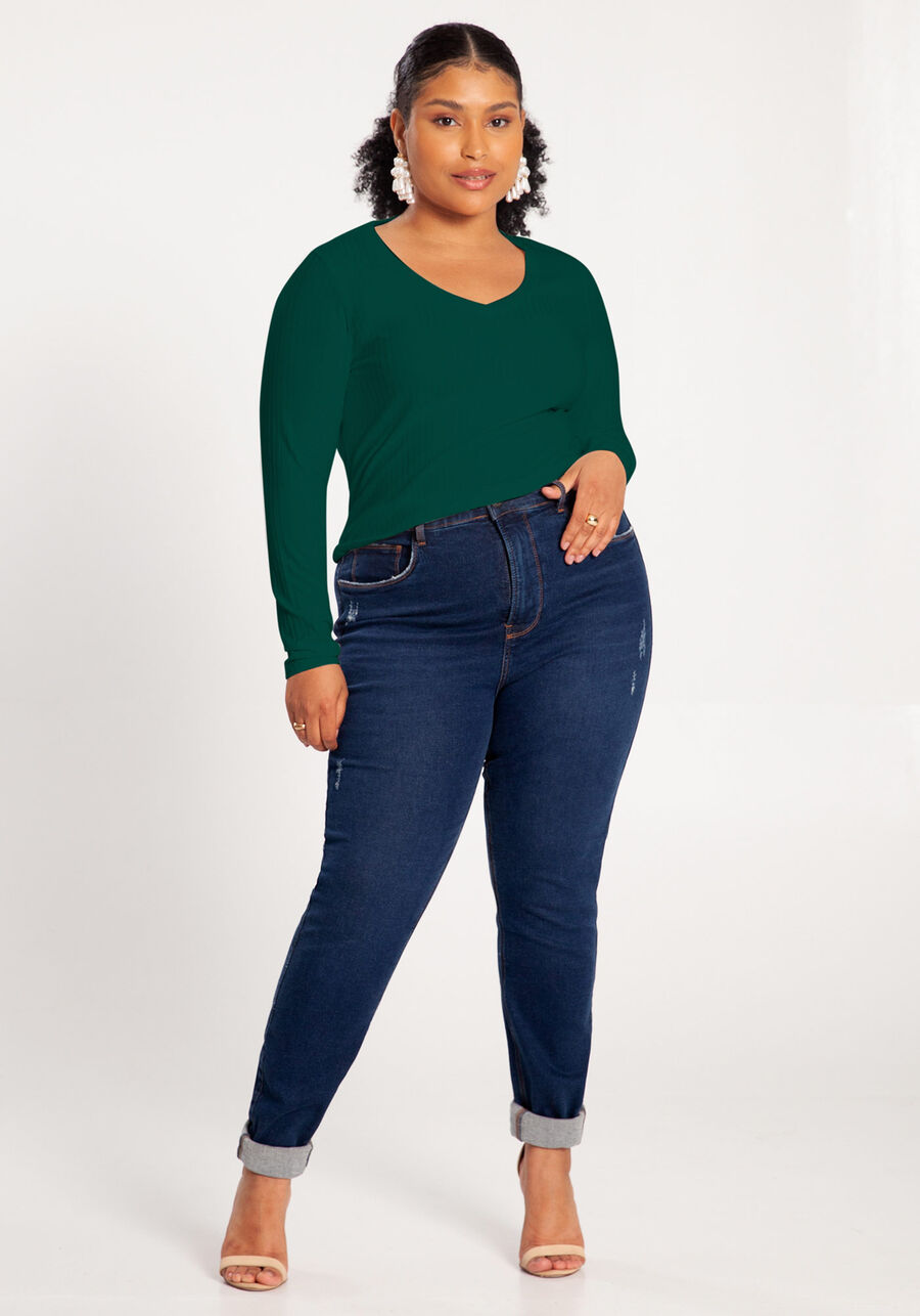 Blusa Canelada Com Mangas Longas E Decote Em V Plus Size, VERDE HARBOUR. Blusa Canelada Com Mangas Longas E Decote Em V Plus Size, VERDE HARBOUR, large.