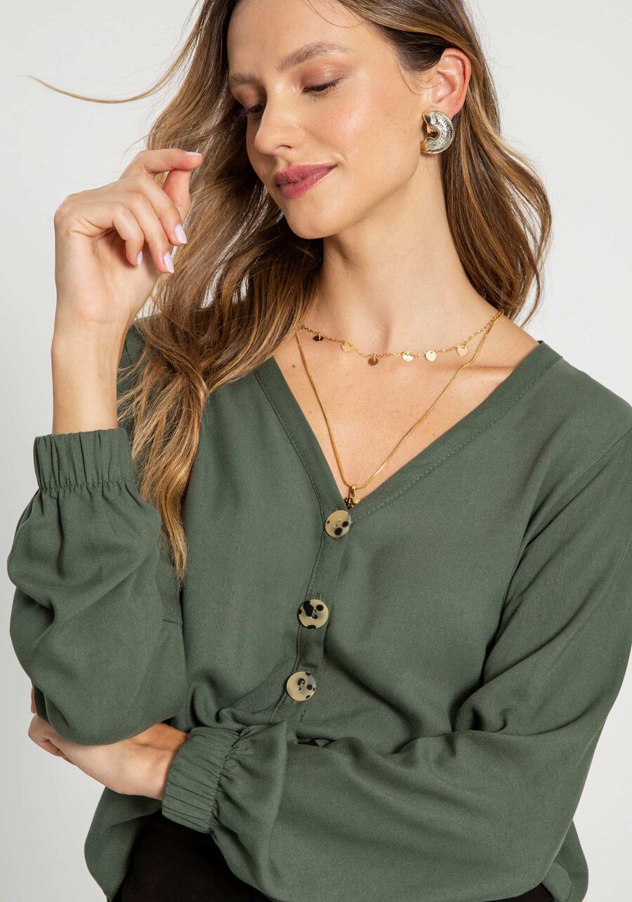 Camisa Manga Longa em Viscose com Detalhe Botões, VERDE GOLF. Camisa Manga Longa em Viscose com Detalhe Botões, VERDE GOLF, large.