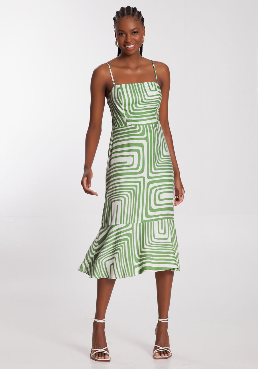 Vestido Midi Estampado em Viscose com Decote Reto, CONTORNOS VERDE. Vestido Midi Estampado em Viscose com Decote Reto, CONTORNOS VERDE, large.