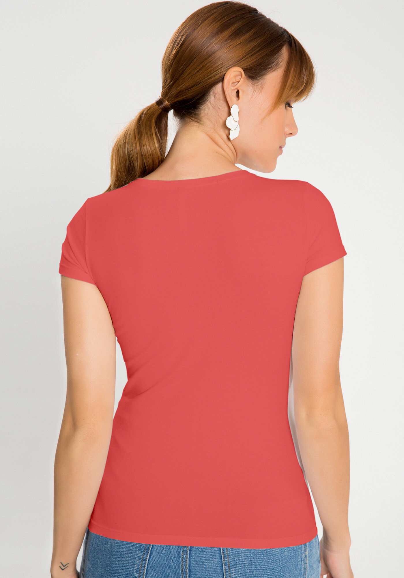 Blusa B&aacute;sica de Mangas Curtas Em Malha De Algod&atilde;o E Elastano, , large.