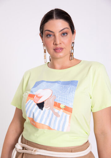 T-shirt Plus Size em Malha Estampada, VERDE GREEN APPLE, large.