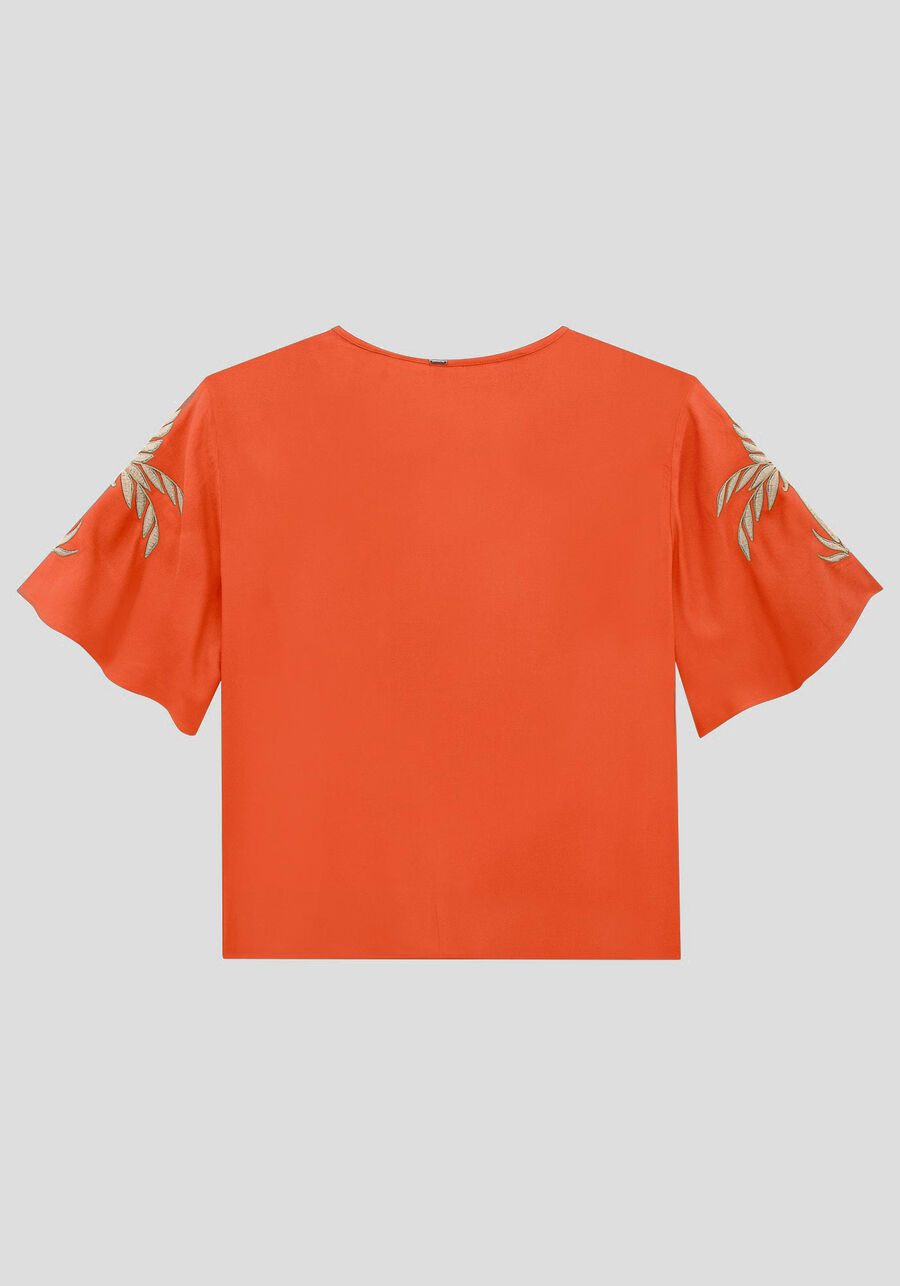 Blusa Plus Size em Viscose com Bordado e Laço, LARANJA MAMAO. Blusa Plus Size em Viscose com Bordado e Laço, LARANJA MAMAO, large.
