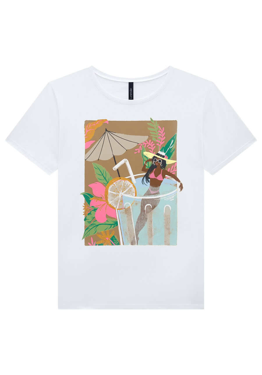 T-shirt em Malha Penteada Estampada, BRANCO. T-shirt em Malha Penteada Estampada, BRANCO, large.