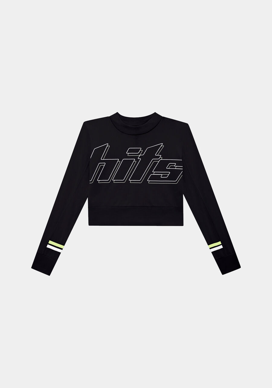 Blusa Manga Longa Cropped Estampa Hits Juvenil, PRETO REATIVO. Blusa Manga Longa Cropped Estampa Hits Juvenil, PRETO REATIVO, large.