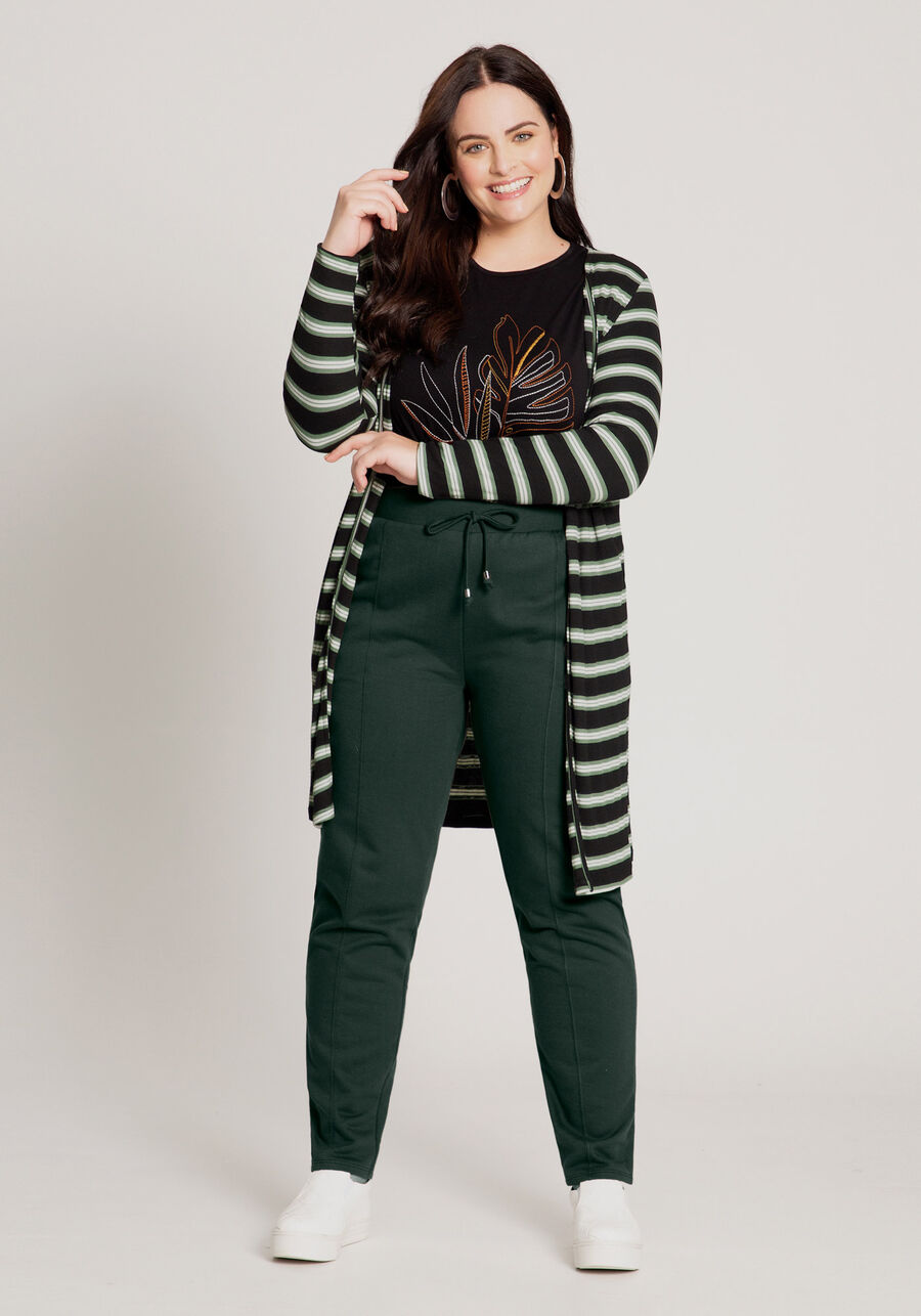 Cardigan Alongado Listrado em Malha Plus Size, VERDE MINERAL. Cardigan Alongado Listrado em Malha Plus Size, VERDE MINERAL, large.