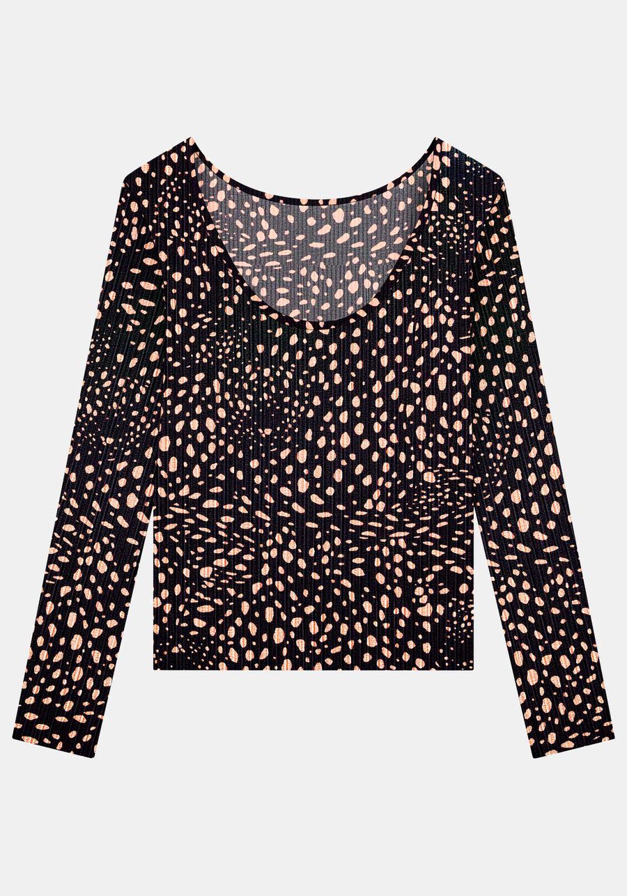 Blusa Estampada Canelada com Decote Frente e Costas, FELINE PRETO. Blusa Estampada Canelada com Decote Frente e Costas, FELINE PRETO, large.