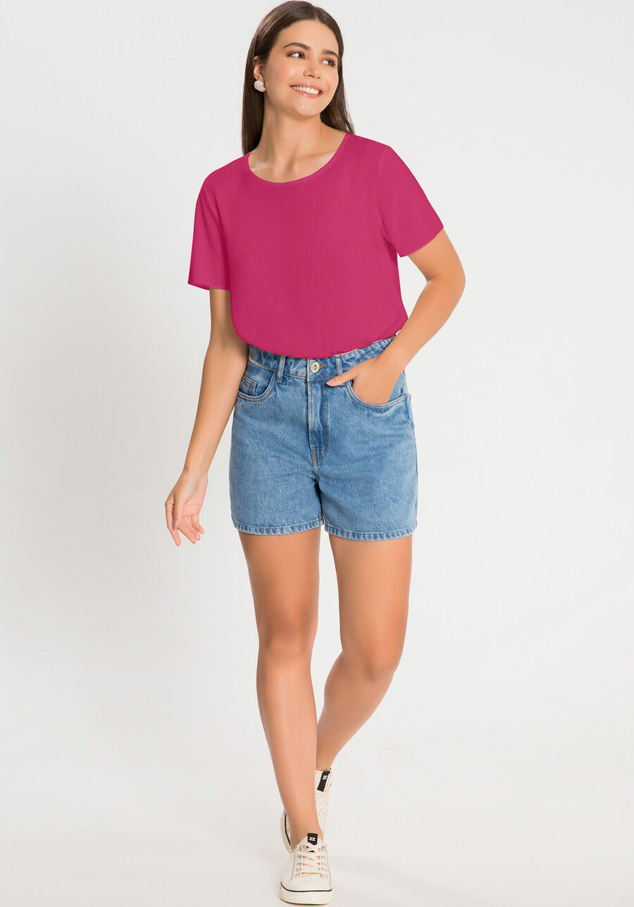 Blusa Lisa Básica De Mangas Curtas Em Tecido Leve, . Blusa Lisa Básica De Mangas Curtas Em Tecido Leve, , large.