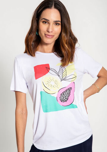T-Shirt Viscose Estampa Frutas, BRANCO, large.