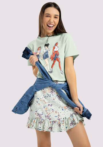 T-shirt Cropped Juvenil em Malha com Estampa Girls, VERDE ARAGON, large.