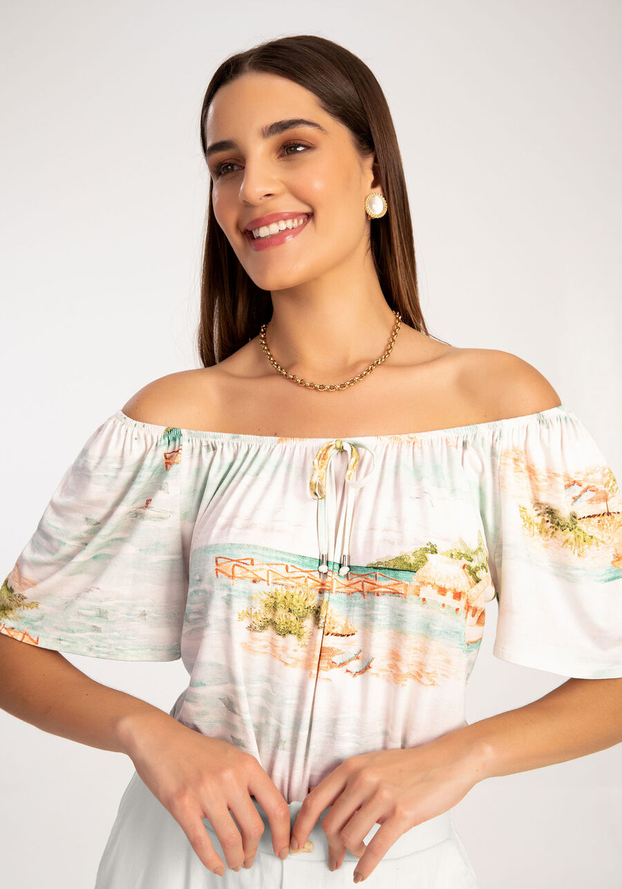 Blusa Ombro a Ombro em Malha Viscose Estampada, BORA BORA OFF. Blusa Ombro a Ombro em Malha Viscose Estampada, BORA BORA OFF, large.