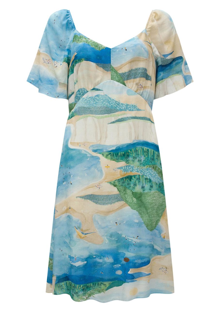 Vestido Curto Evasê De Mangas Fluidas Com Decote Em V, DIVERSAO AZUL. Vestido Curto Evasê De Mangas Fluidas Com Decote Em V, DIVERSAO AZUL, large.