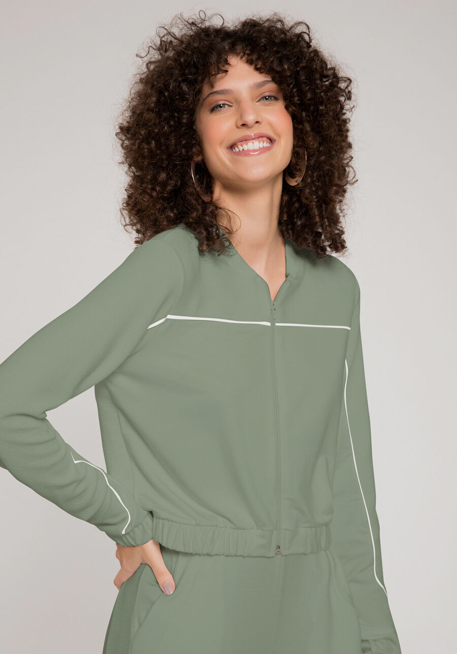 Jaqueta Cropped em Moletom Viscose com Filetes, VERDE MINERAL. Jaqueta Cropped em Moletom Viscose com Filetes, VERDE MINERAL, large.