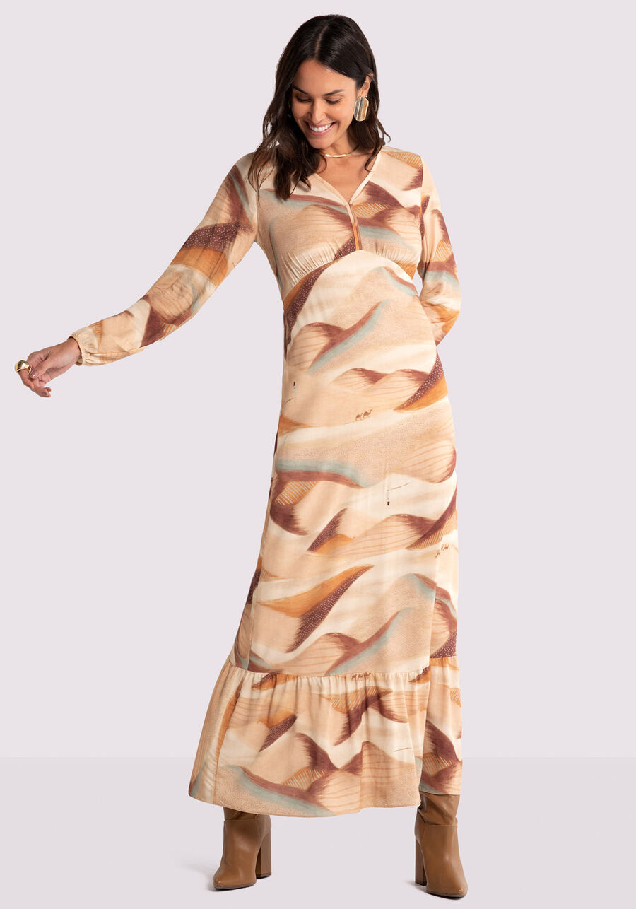 Vestido Longo Estampado em Viscose com Manga Longa, . Vestido Longo Estampado em Viscose com Manga Longa, , large.