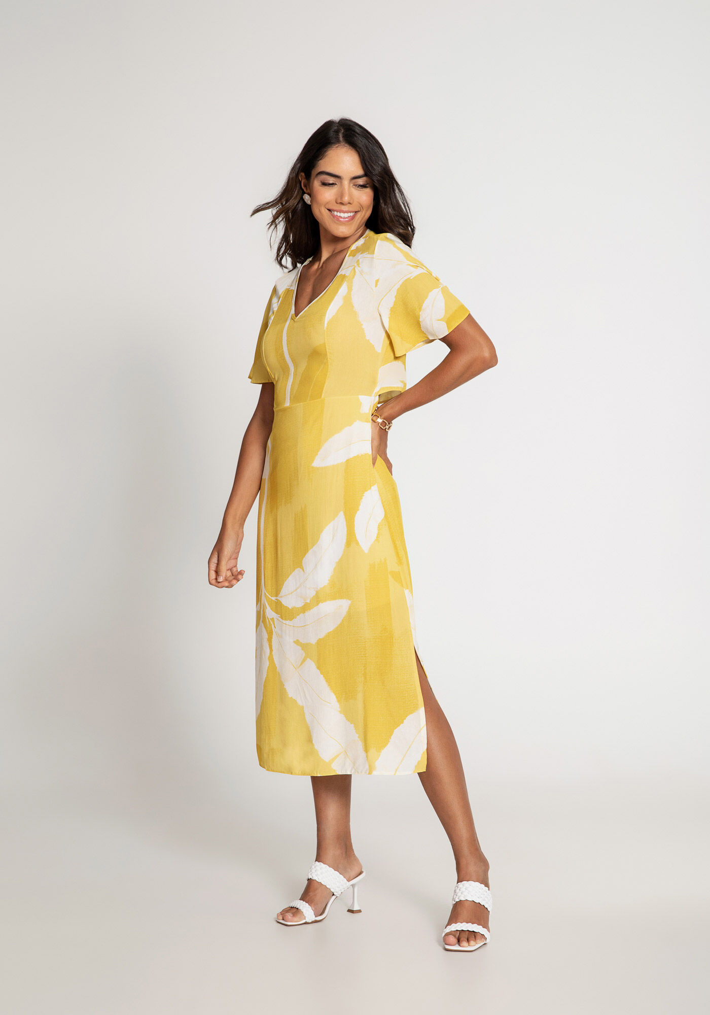 Vestido midi sale amarelo estampado