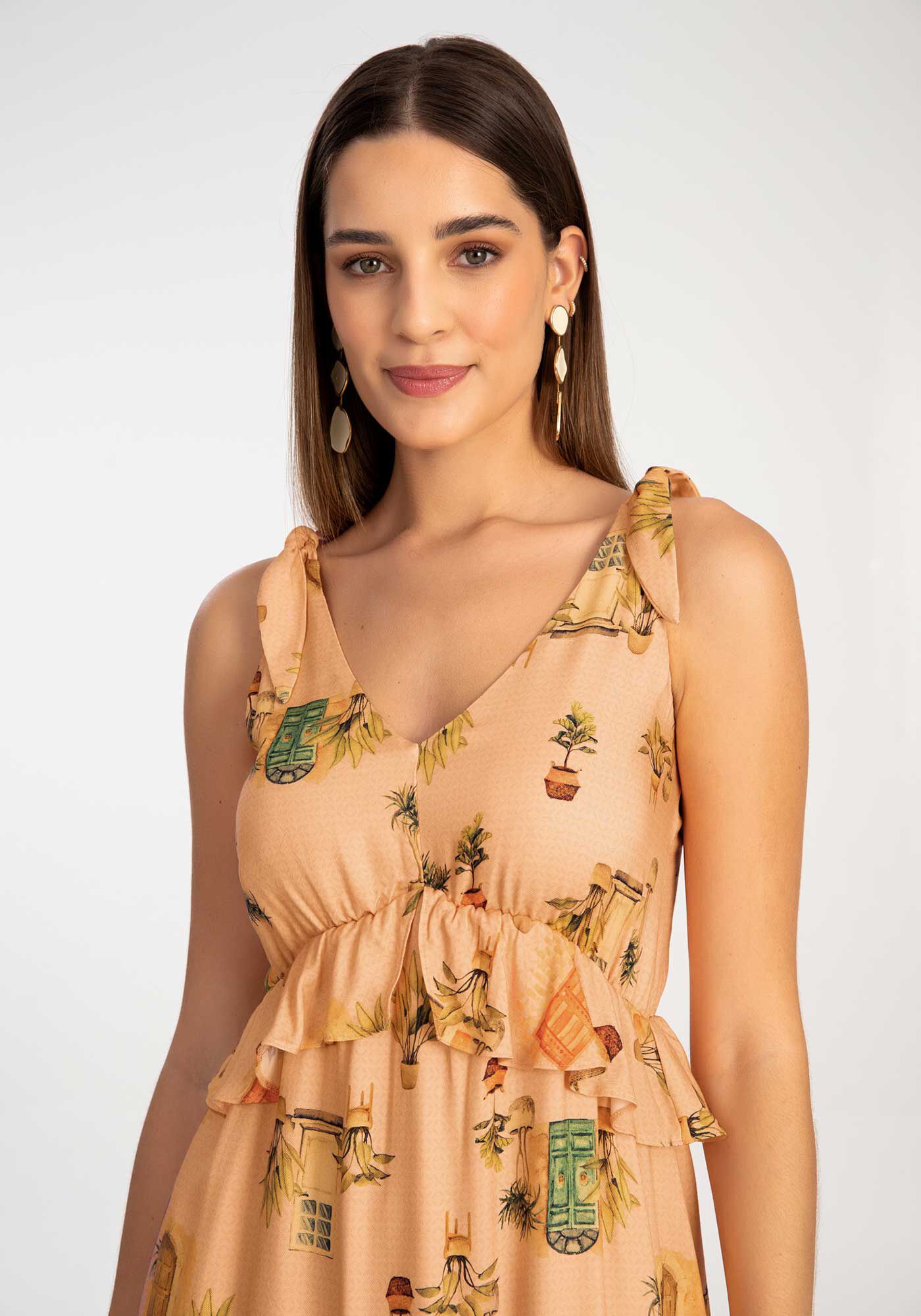 Vestido Midi Estampado em Viscose com Babado Lunender