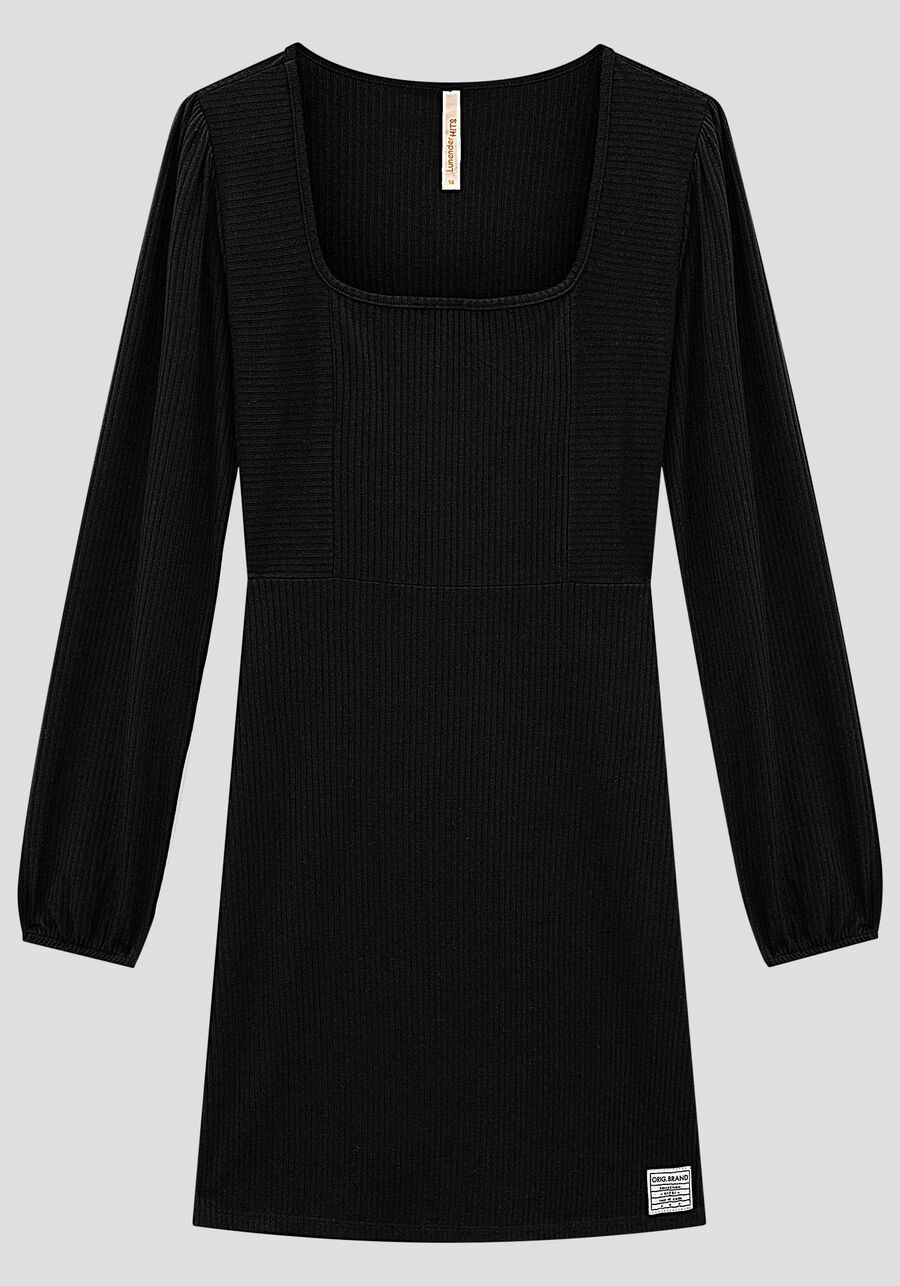 Vestido Curto Juvenil Canelado com Manga Longa, PRETO REATIVO. Vestido Curto Juvenil Canelado com Manga Longa, PRETO REATIVO, large.