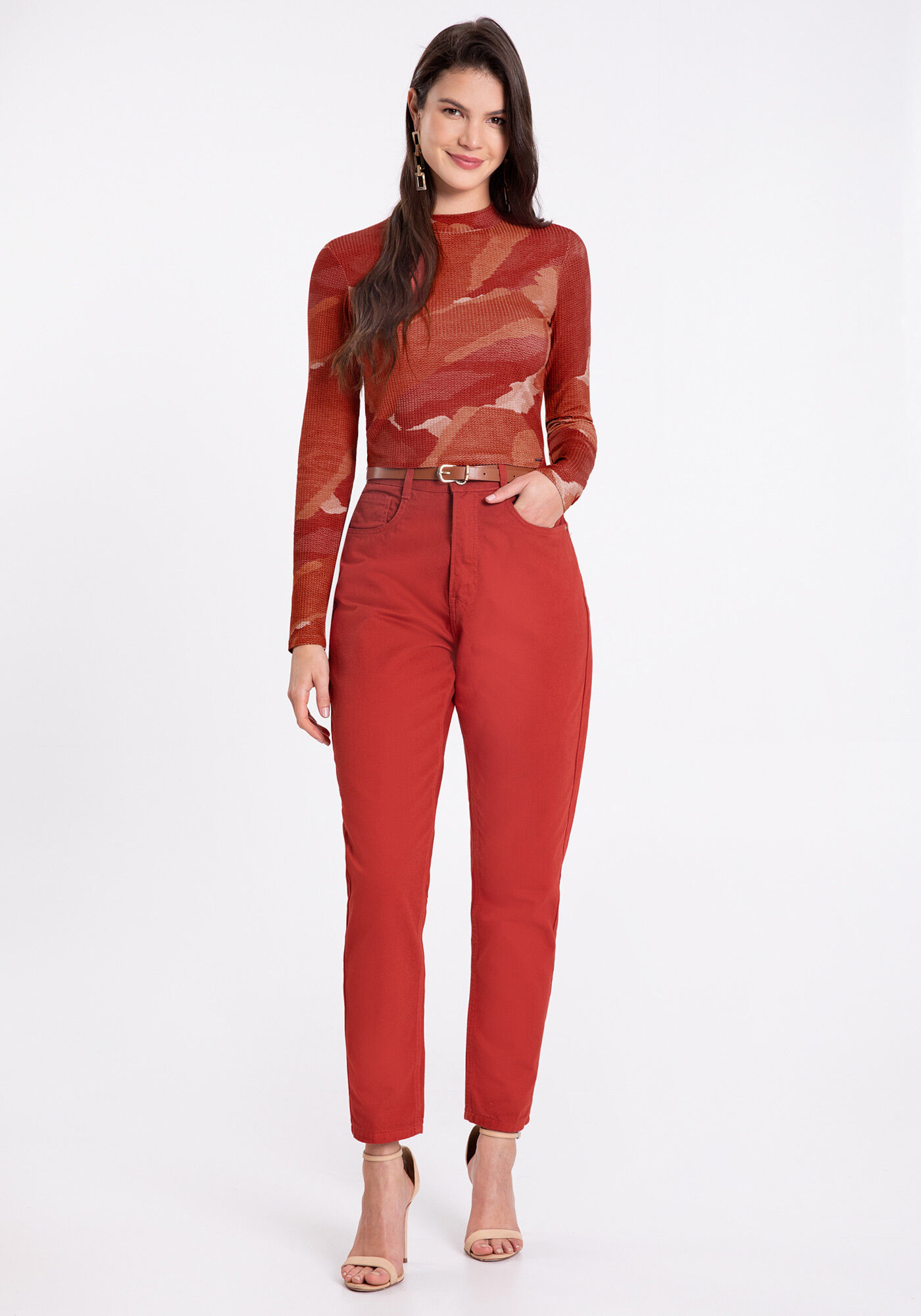 Blusa Cropped Manga Longa Canelada Estampada, , large.