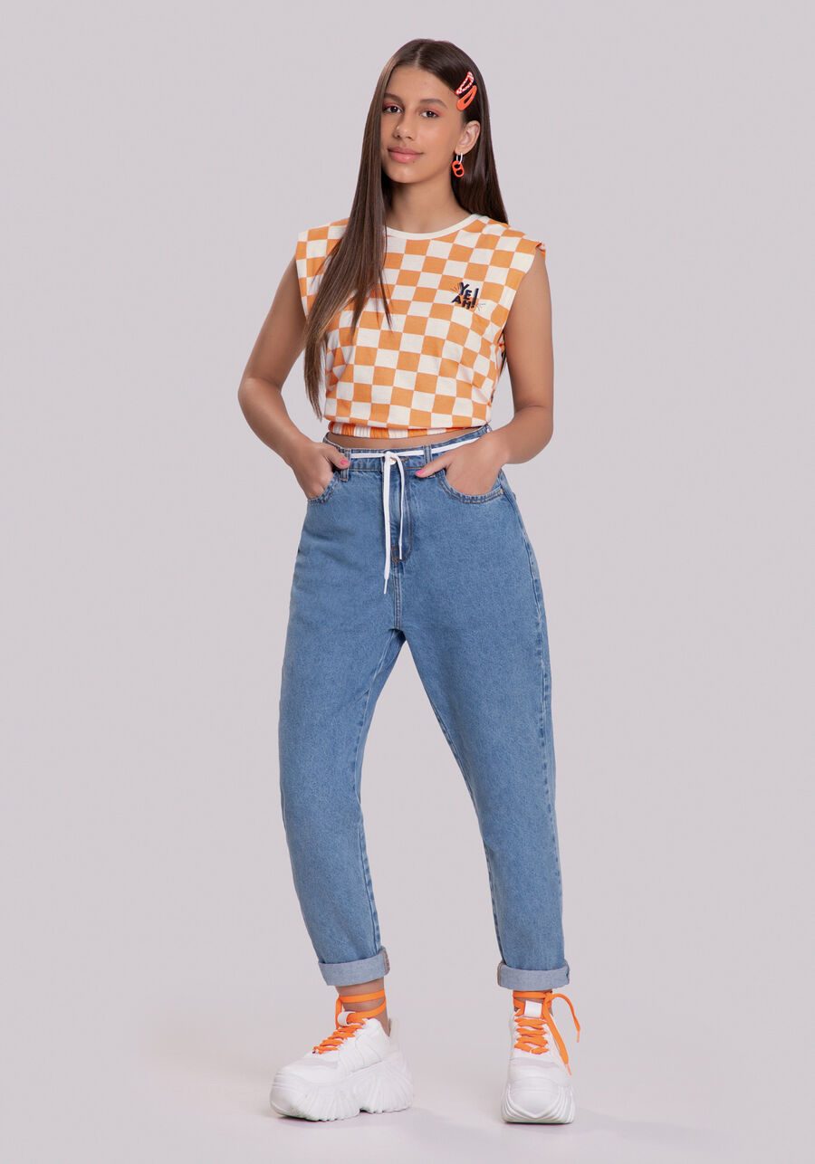 Blusa Muscle Tee Cropped Xadrez Juvenil, LARANJA BOUQUET. Blusa Muscle Tee Cropped Xadrez Juvenil, LARANJA BOUQUET, large.