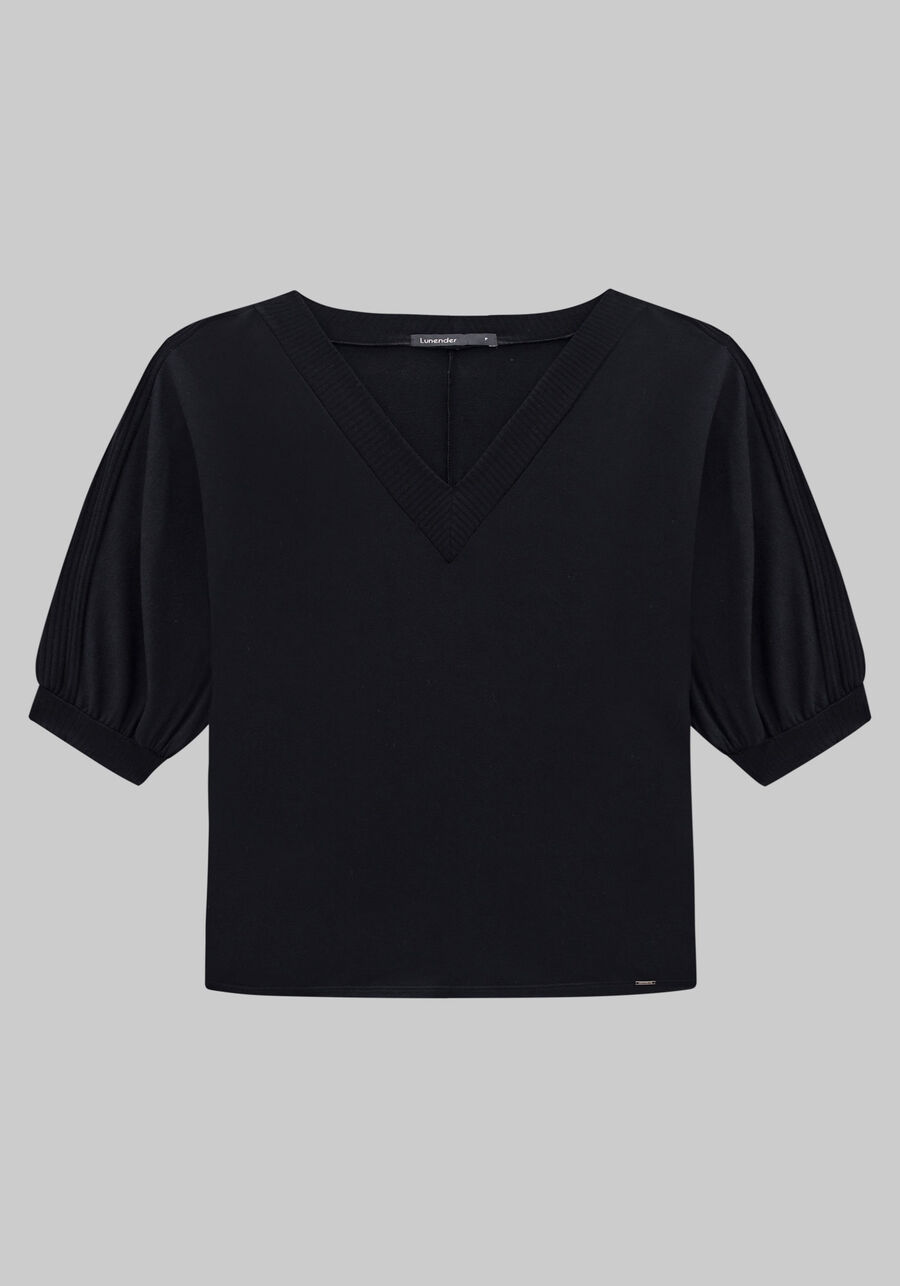 Blusa em Moletom com Recorte Canelado, PRETO REATIVO, large.