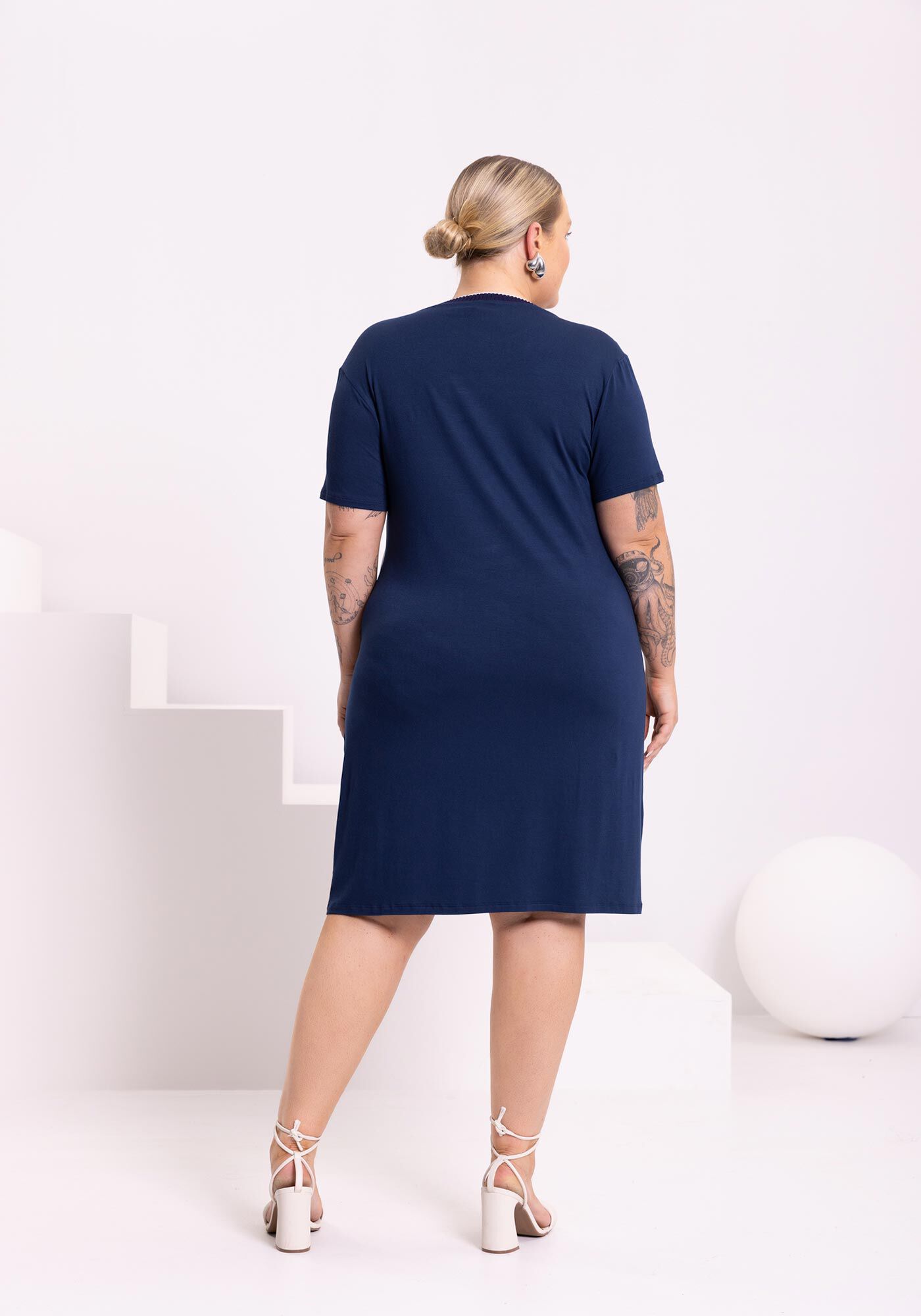 Vestido Estampado De Mangas Curtas Com Decote Em Retil&iacute;nea, MARINHO ACTION, large.