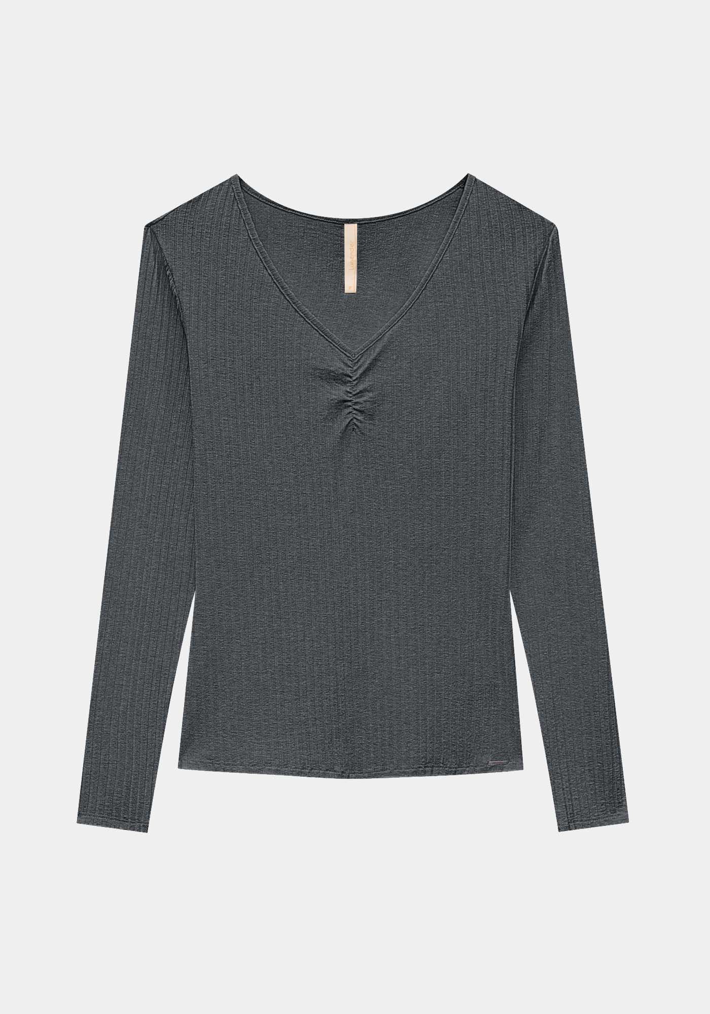 Blusa De Malha Canelada Com Mangas Longas E Decote Em V, , large.