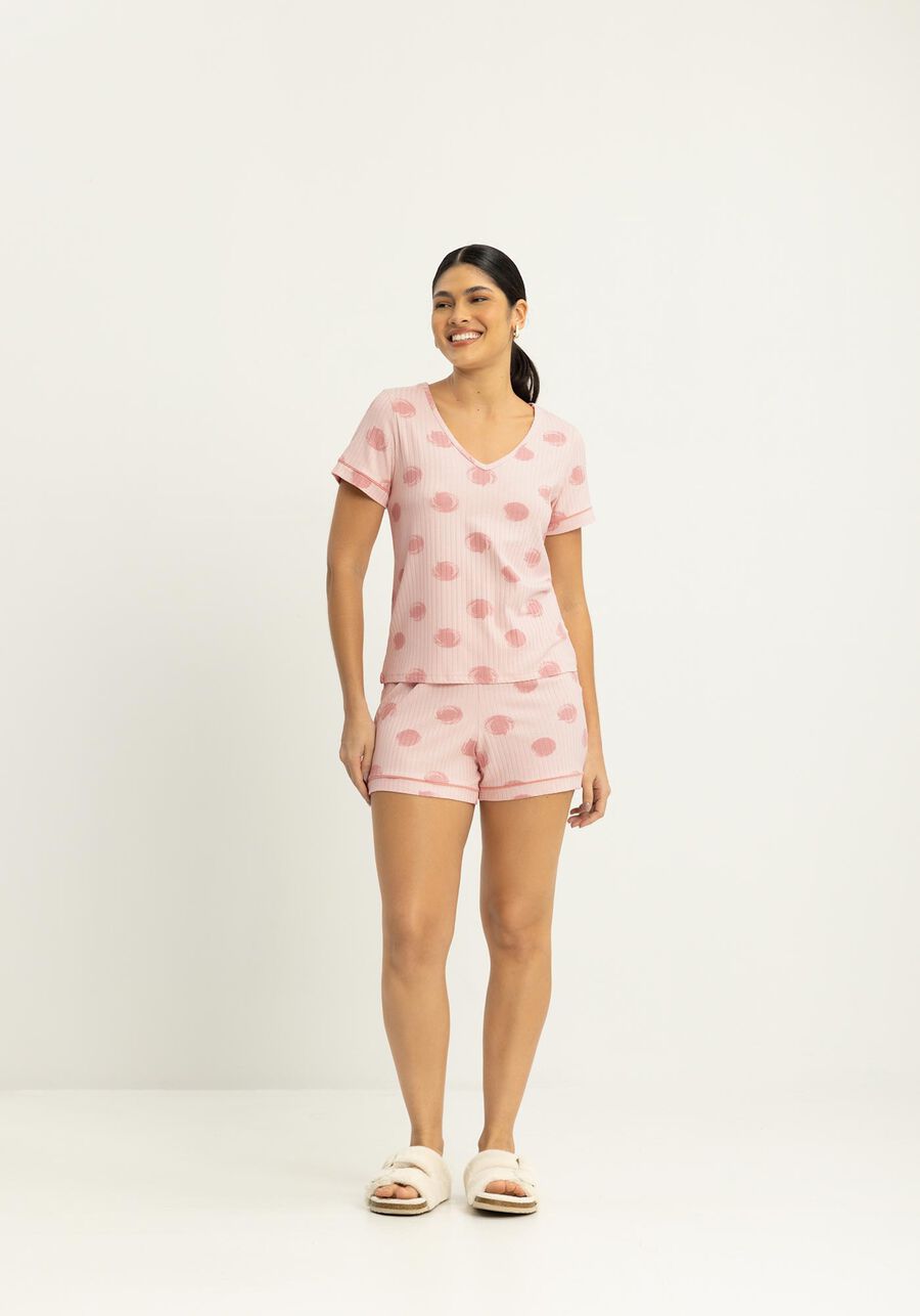 Pijama Estampado Canelado Com Shorts E Blusa De Manga Curta, HOME ROSA. Pijama Estampado Canelado Com Shorts E Blusa De Manga Curta, HOME ROSA, large.