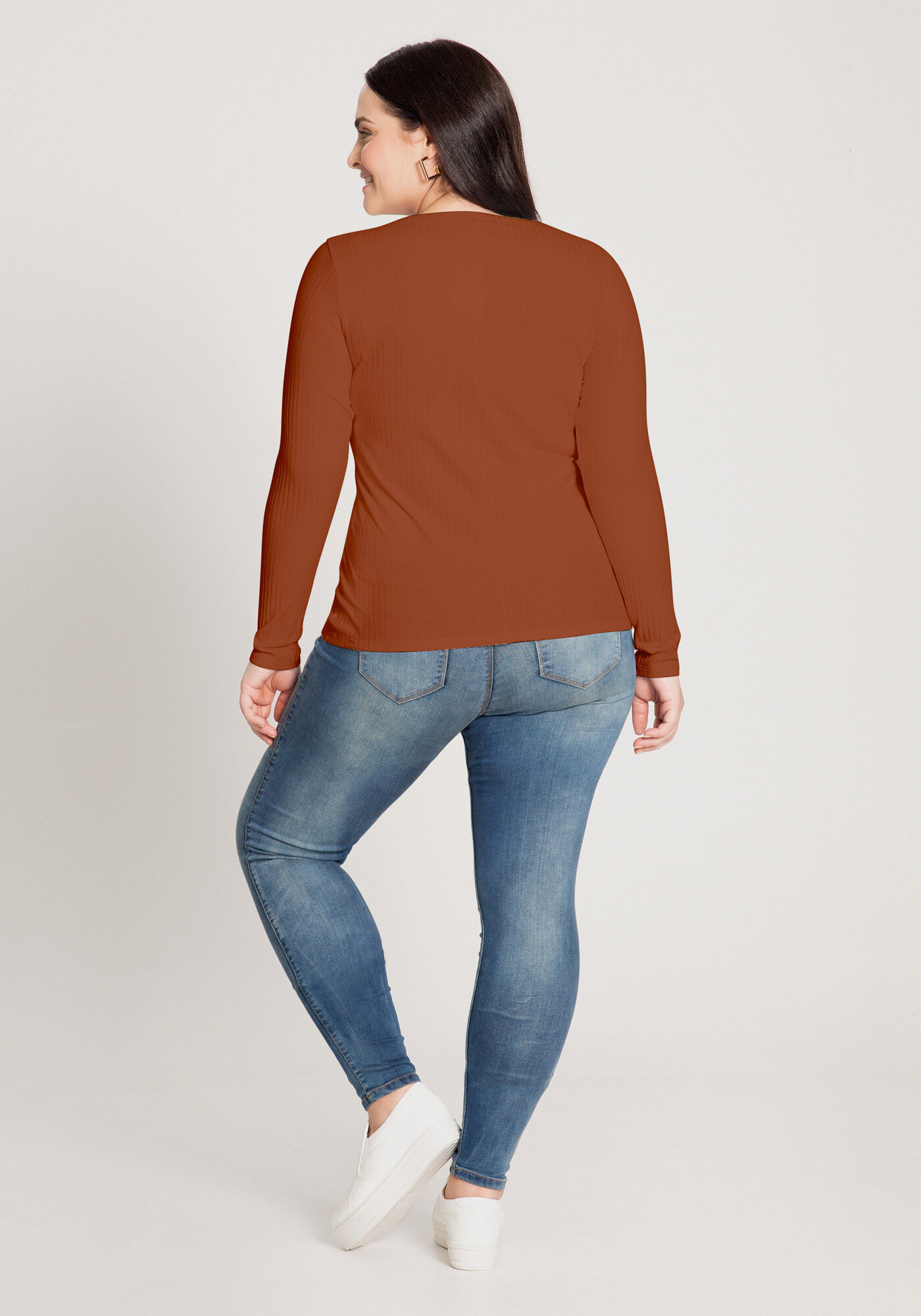 Blusa B&aacute;sica De Mangas Longas Plus Size Em Malha Canelada, LARANJA FERRUGEM, large.