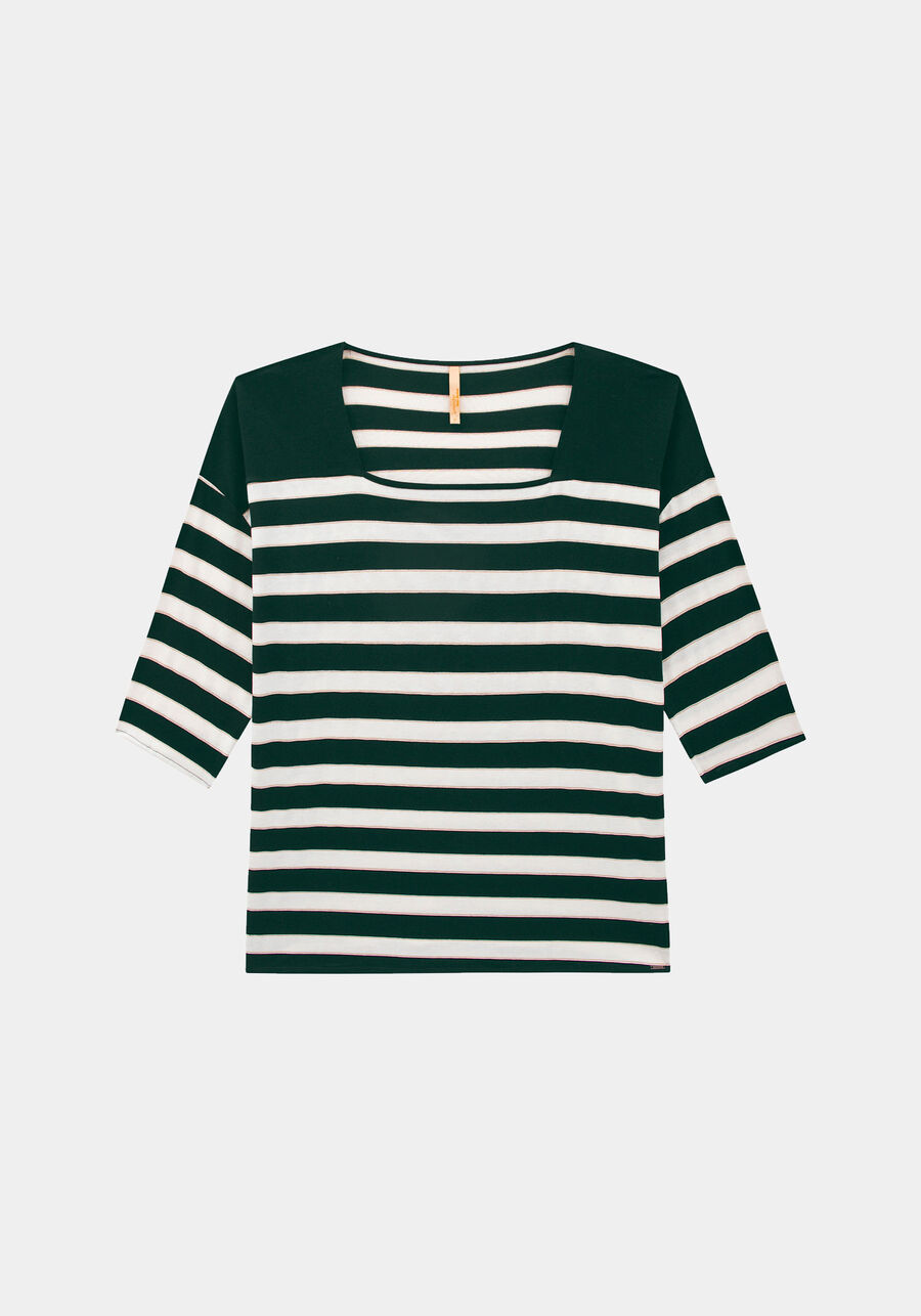 Blusa Manga 3/4 em Malha Listrada Plus Size, VERDE FURIA. Blusa Manga 3/4 em Malha Listrada Plus Size, VERDE FURIA, large.