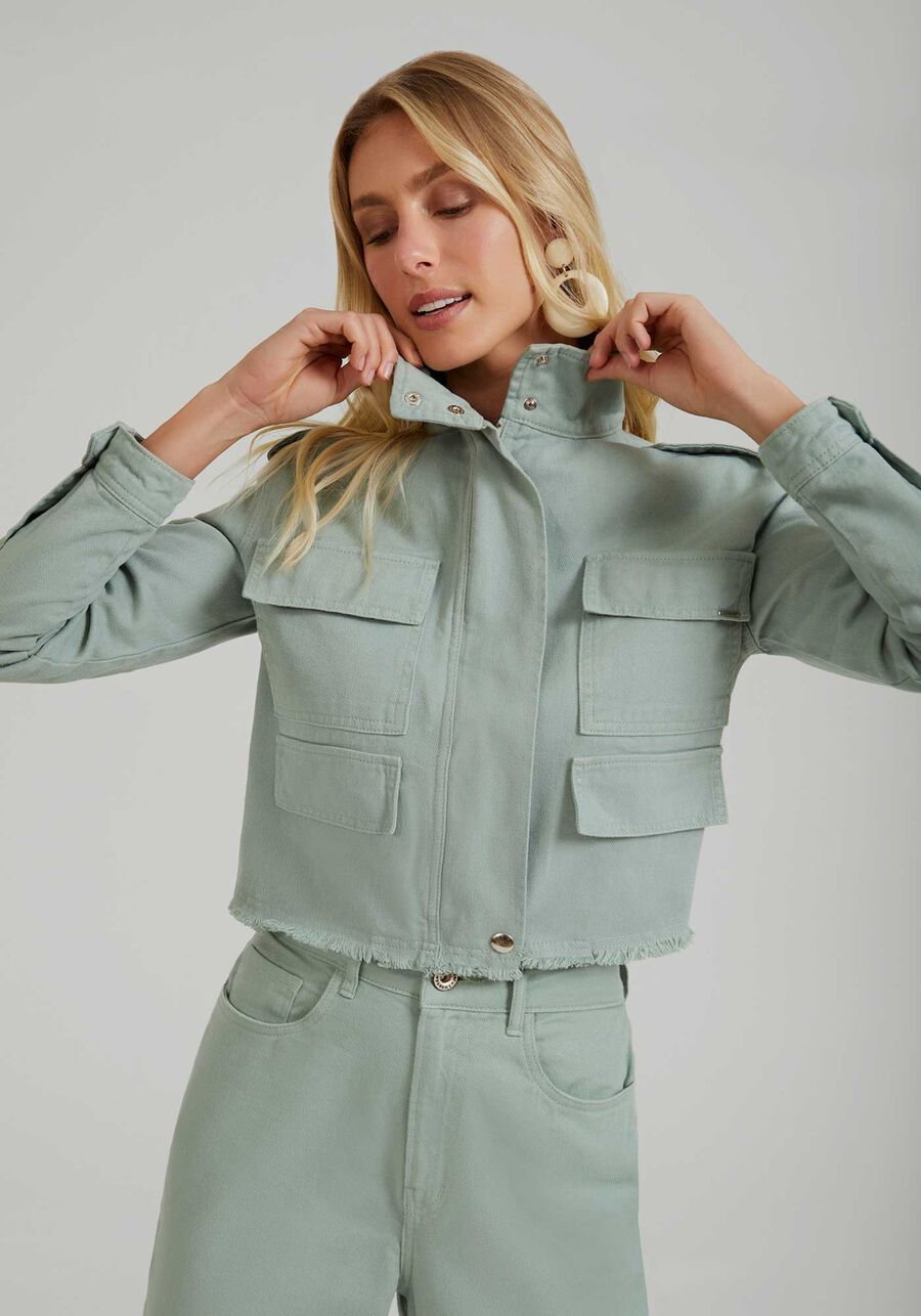 Jaqueta Sarja Cropped com Zíper, VERDE MINERAL. Jaqueta Sarja Cropped com Zíper, VERDE MINERAL, large.