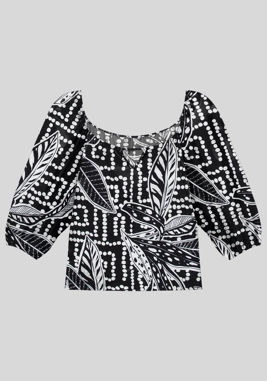 Blusa Plus Size Estampada com Manga 3/4 Bufante, . Blusa Plus Size Estampada com Manga 3/4 Bufante, , large.