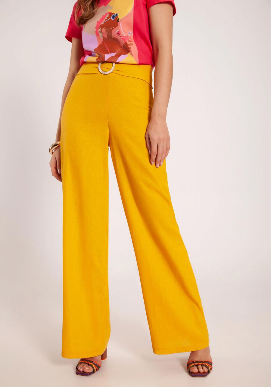Calça Pantalona em Linho com Cinto, AMARELO GAMUZA. Calça Pantalona em Linho com Cinto, AMARELO GAMUZA, large.