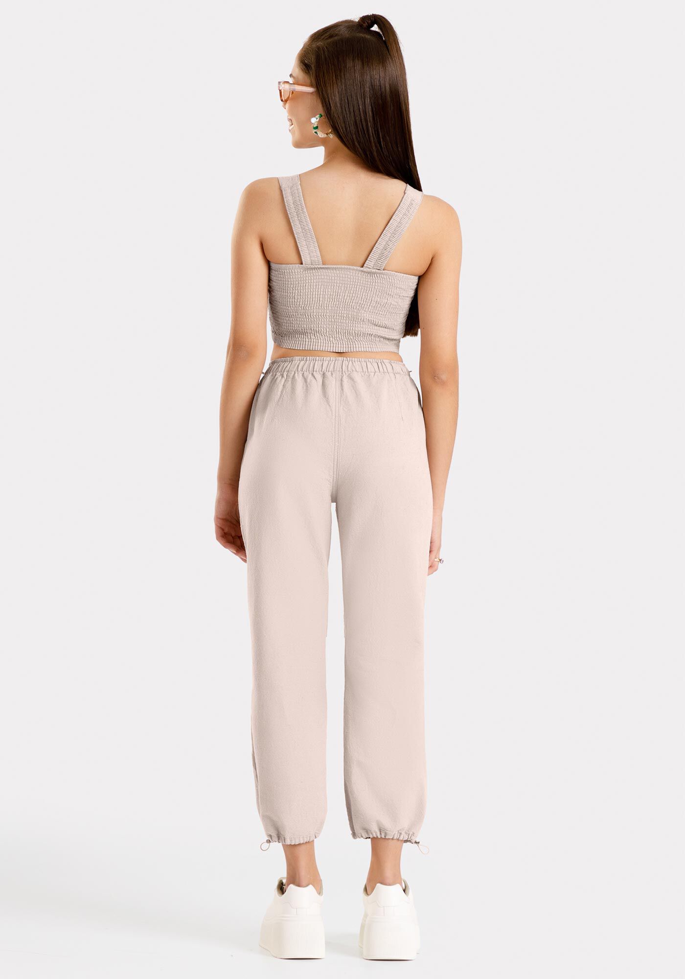 Conjunto saia cargo e blusa Cropped juvenil sustent&aacute;vel, BEGE WOOL, large.