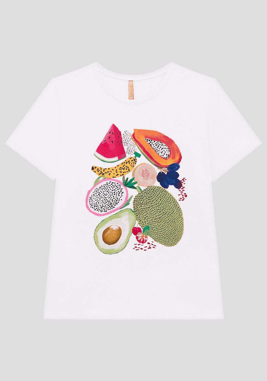T-shirt Slim em Malha com Estampa Frutas, BRANCO, large.