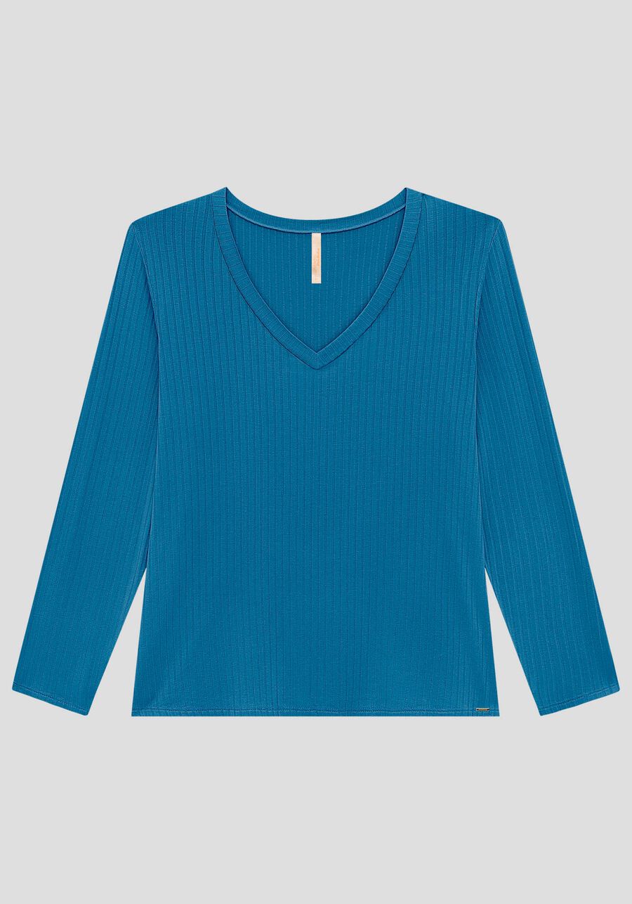 Blusa Canelada Com Mangas Longas E Decote Em V Plus Size, AZUL MUSCARI. Blusa Canelada Com Mangas Longas E Decote Em V Plus Size, AZUL MUSCARI, large.