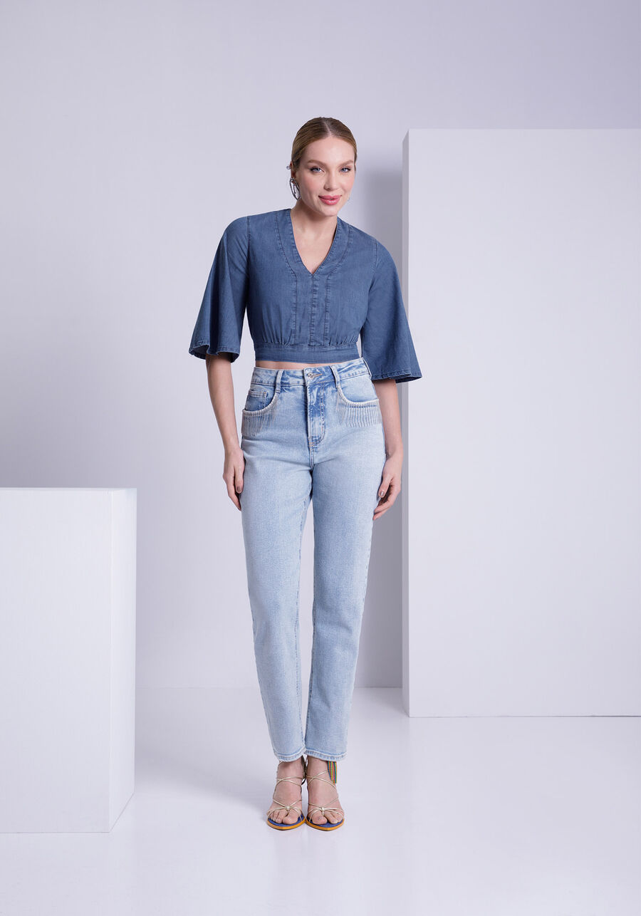 Blusa Jeans Cropped com Manga Flare, JEANS. Blusa Jeans Cropped com Manga Flare, JEANS, large.
