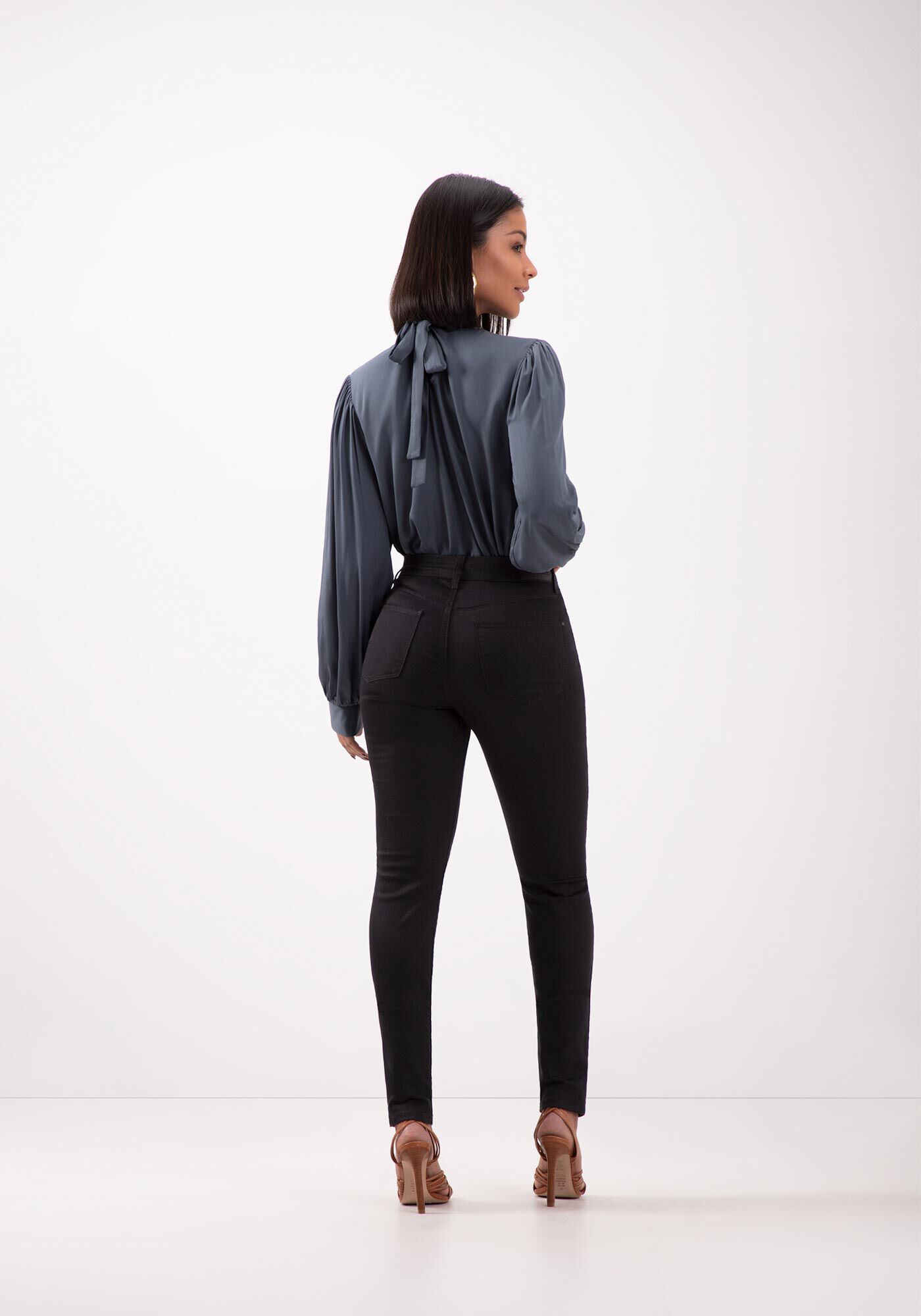 Cal&ccedil;a Skinny Em Sarja Amaciada De Cintura Alta Chapa Barriga, PRETO REATIVO, large.