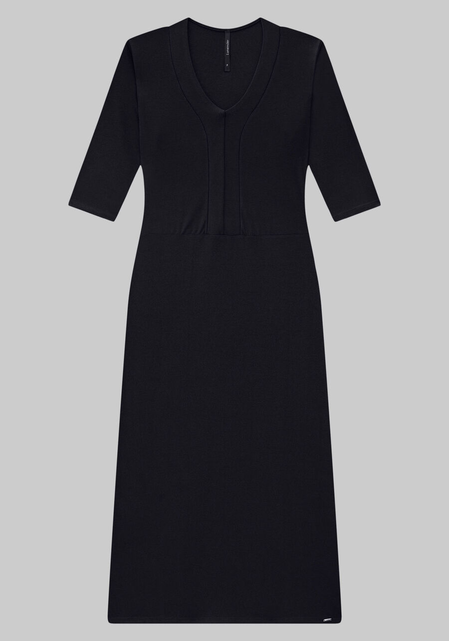 Vestido Midi em Malha Crepe com Manga 3/4, PRETO REATIVO. Vestido Midi em Malha Crepe com Manga 3/4, PRETO REATIVO, large.