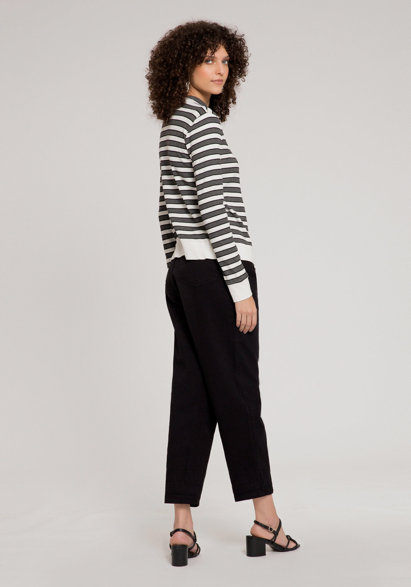 Cardigan Canelado Listrado com Decote V, , large.