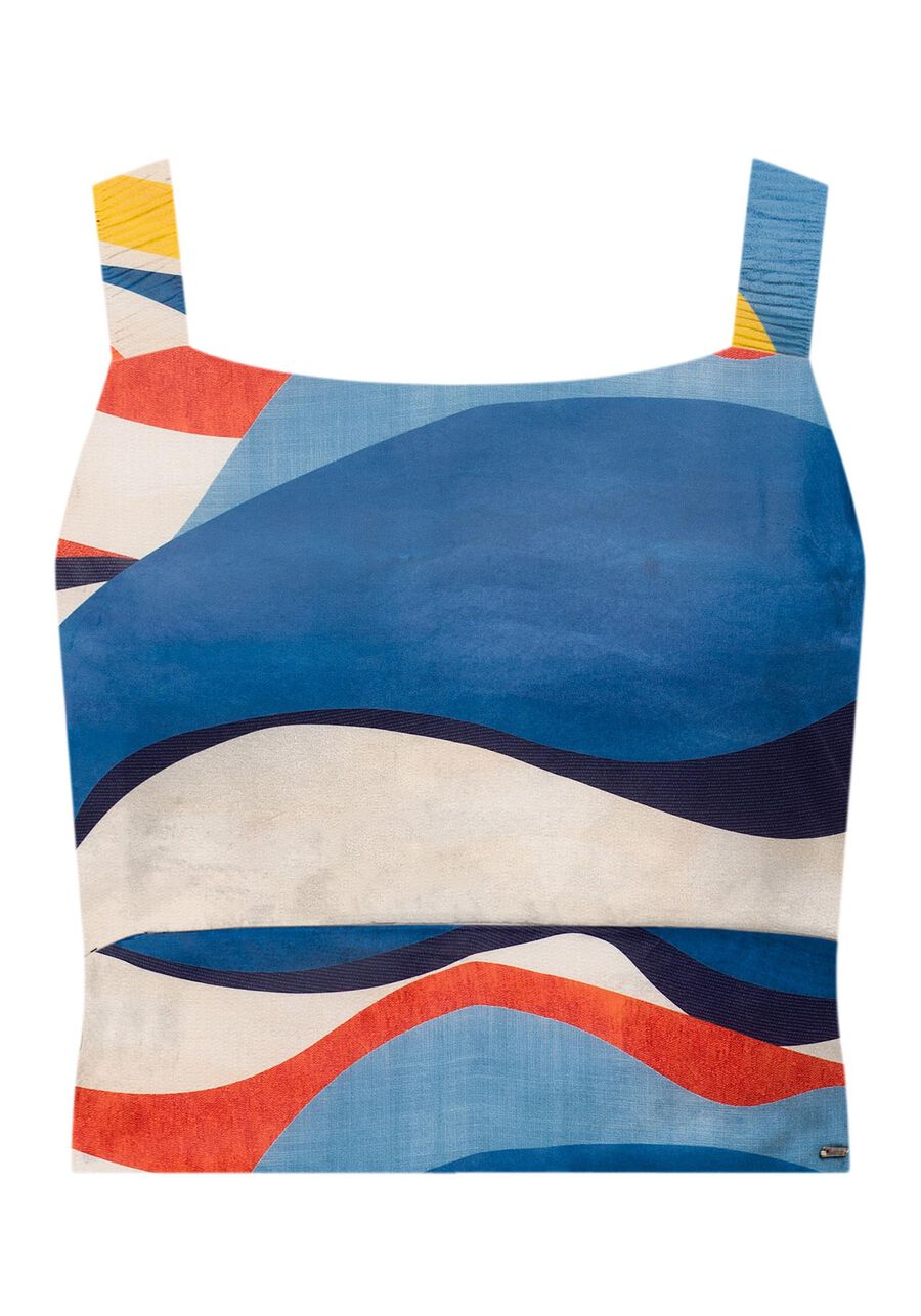 Blusa Cropped Estampada De Alças Com Elástico Nas Costas, OTIMISMO AZUL. Blusa Cropped Estampada De Alças Com Elástico Nas Costas, OTIMISMO AZUL, large.