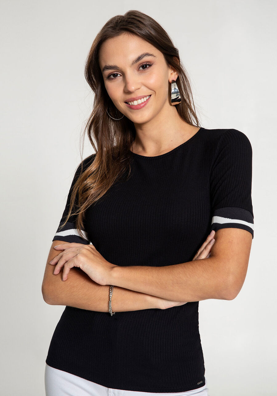 Blusa com Detalhes na Manga Malha Canelado, PRETO REATIVO. Blusa com Detalhes na Manga Malha Canelado, PRETO REATIVO, large.