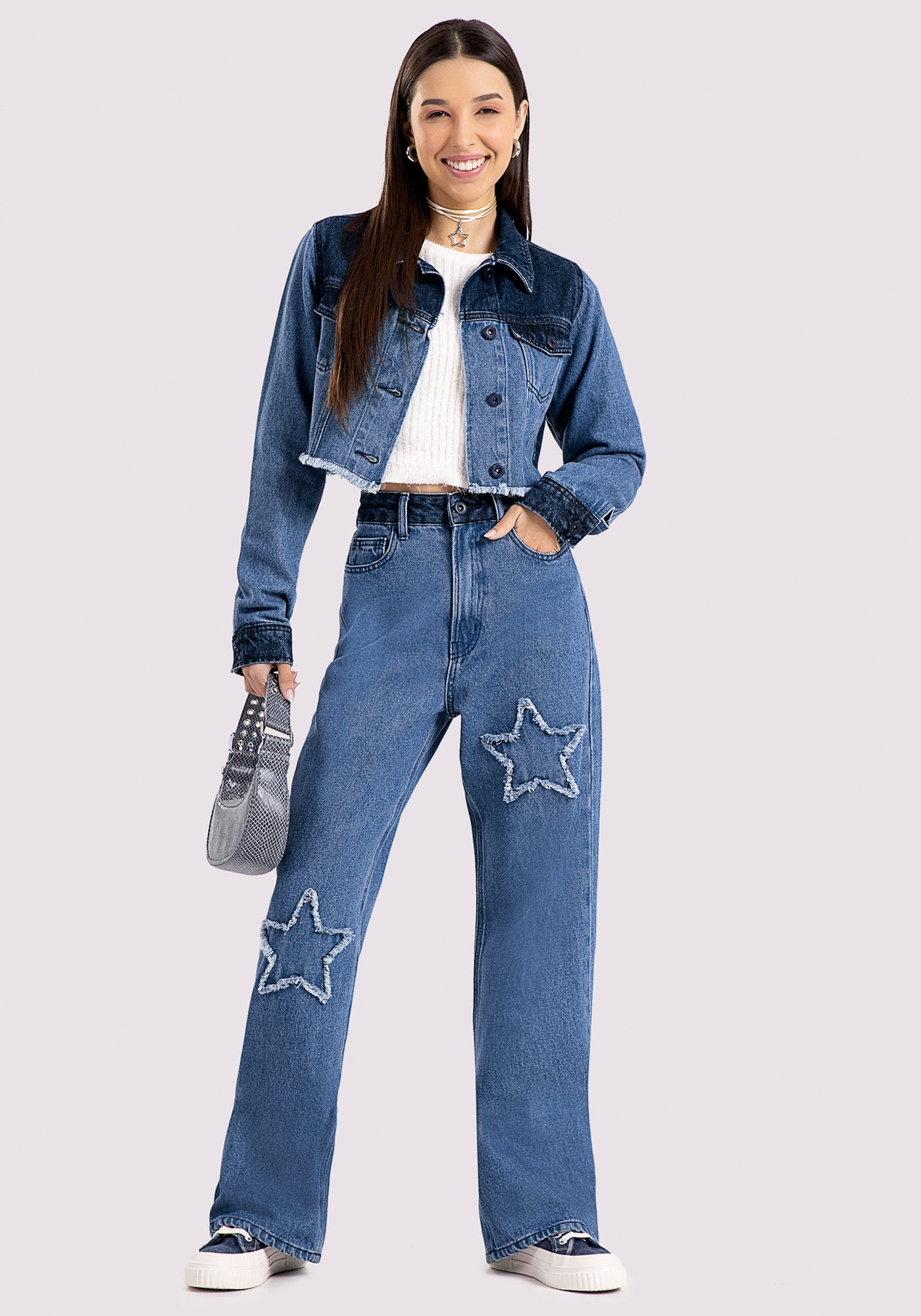 Jaqueta Jeans Bicolor Juvenil com Patch Estrela, , large.