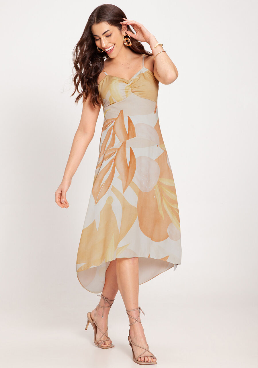 Vestido Midi Estampado em Viscose com Franzido, . Vestido Midi Estampado em Viscose com Franzido, , large.