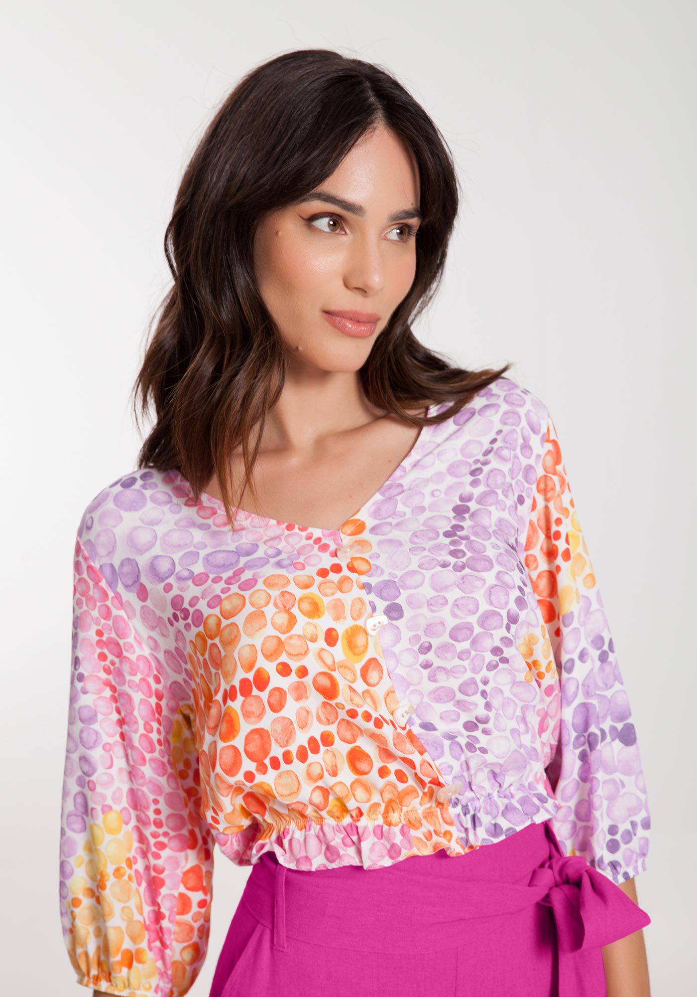 Blusa Cropped Estampada em Viscose com El&aacute;stico, , large.