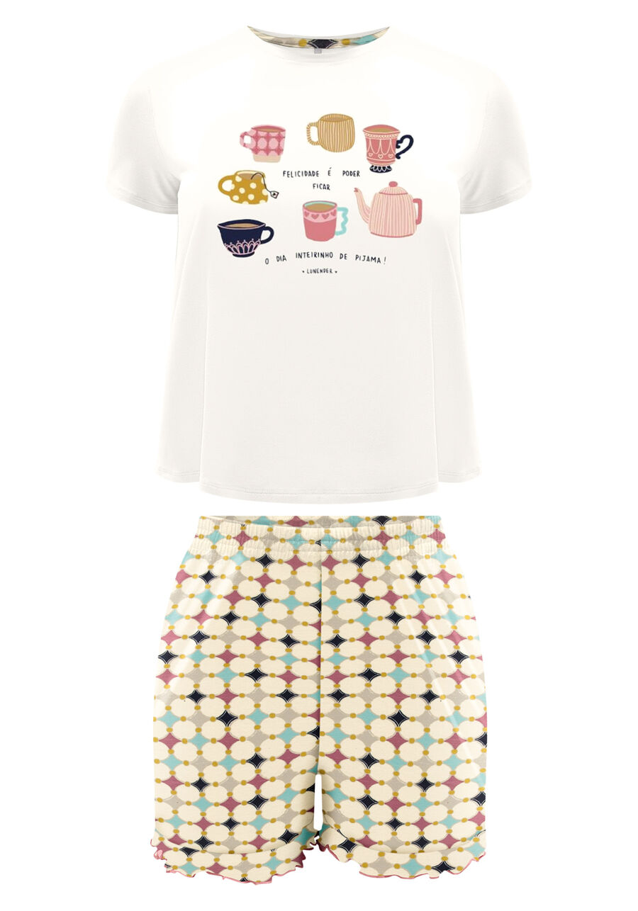 Pijama Estampado Com Shorts E Blusa De Mangas Curtas, POP BEGE. Pijama Estampado Com Shorts E Blusa De Mangas Curtas, POP BEGE, large.