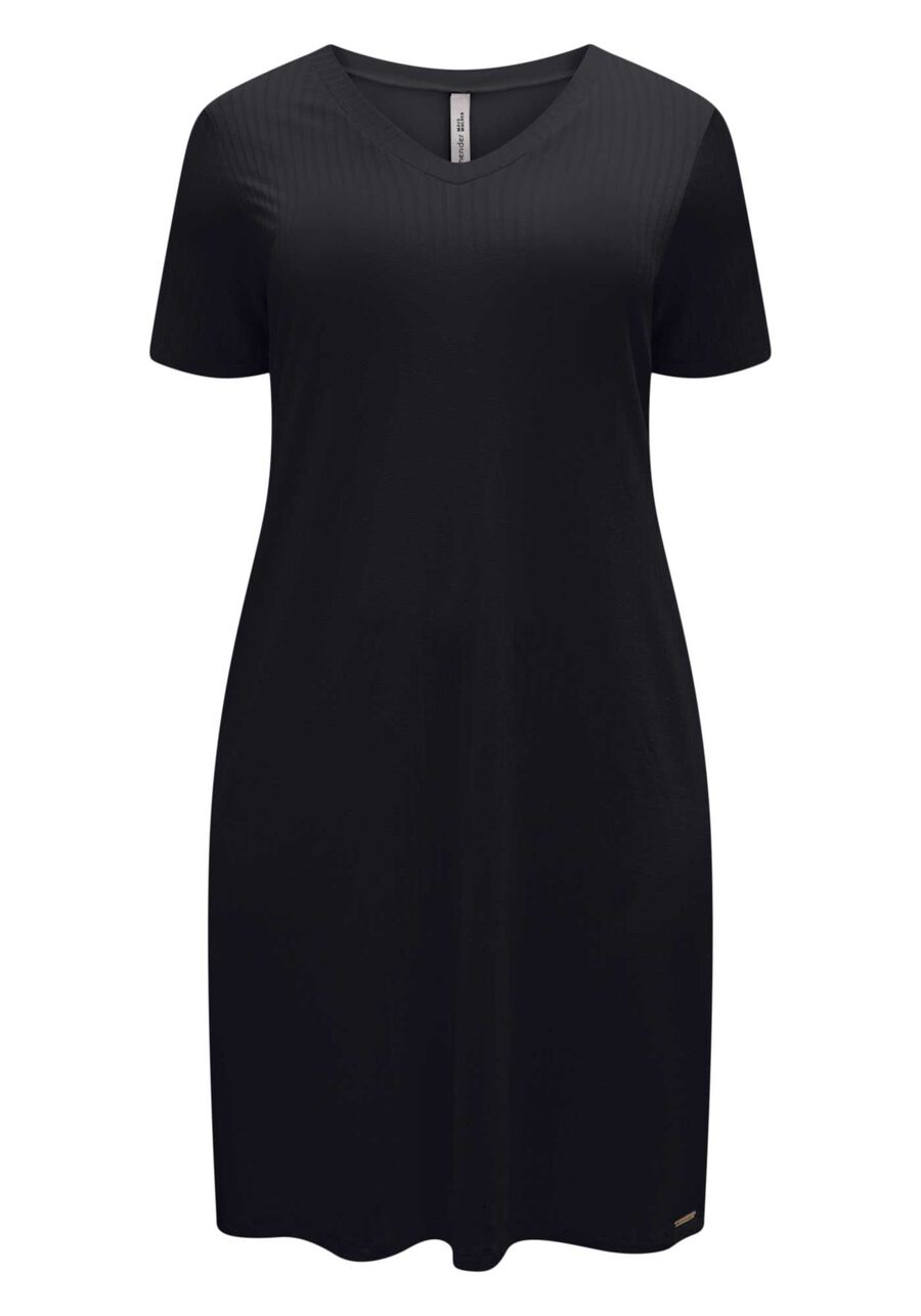 Vestido Curto Em Malha Canelada Com Decote Em V, PRETO REATIVO. Vestido Curto Em Malha Canelada Com Decote Em V, PRETO REATIVO, large.