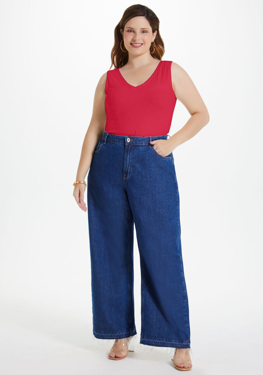 Regata Plus Size Básica Canelada com Decote V, , large.