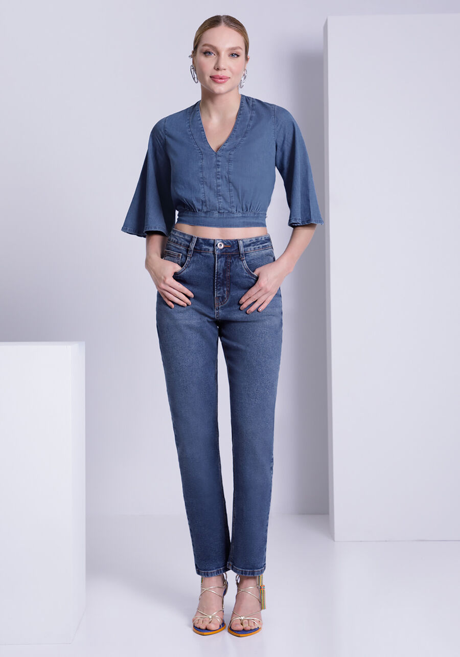 Blusa Jeans Cropped com Manga Flare, JEANS. Blusa Jeans Cropped com Manga Flare, JEANS, large.